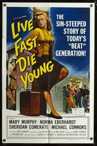b374 LIVE FAST DIE YOUNG one-sheet movie poster '58 classic artwork image of bad girl Mary Murphy!