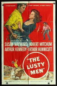 b386 LUSTY MEN one-sheet movie poster '52 art of Robert Mitchum & Susan Hayward, a fast thrill!