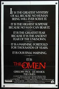 b459 OMEN style E one-sheet movie poster '76 Gregory Peck, Lee Remick, Satanic horror!