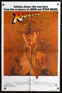 b526 RAIDERS OF THE LOST ARK one-sheet poster '81 great Richard Amsel artwork of Harrison Ford!