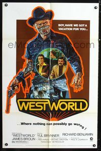 b686 WESTWORLD one-sheet movie poster '73 cool artwork of James Brolin & cyborg Yul Brynner!