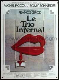 c519 LE TRIO INFERNAL French one-panel poster '74 Francis Girod, sexy lips artwork by Ferracci!