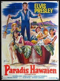 c585 PARADISE - HAWAIIAN STYLE French 1panel '66 Grinsson art of Elvis Presley on beach with babes!