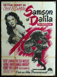c616 SAMSON & DELILAH French one-panel poster '49 super sexy Hedy Lamarr, Victor Mature vs lion!