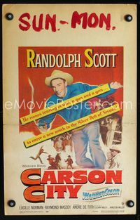 c062 CARSON CITY window card movie poster '52 Randolph Scott in Nevada with a gun and a grin!