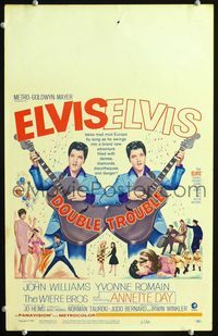 c091 DOUBLE TROUBLE window card movie poster '67 two images of rockin' Elvis Presley playing guitar!