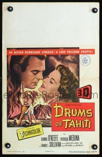 c092 DRUMS OF TAHITI window card movie poster '53 3-D, art of Dennis O'Keefe & Patricia Medina!