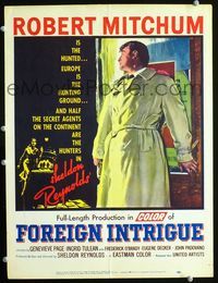 c105 FOREIGN INTRIGUE window card movie poster '56 Genevieve Page, Robert Mitchum is the hunted!