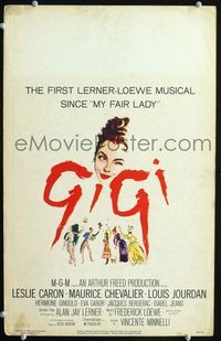 c115 GIGI window card movie poster '58 cool artwork of Leslie Caron, Maurice Chevalier