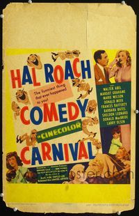 c126 HAL ROACH COMEDY CARNIVAL window card poster '47 odd re-packaging of Curly & Fabulous Joe!