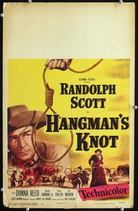 c128 HANGMAN'S KNOT window card movie poster '52 cool image of Randolph Scott by noose, Donna Reed