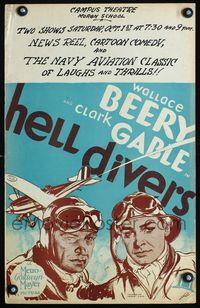 c134 HELL DIVERS window card '32 great artwork of airplane pilots Clark Gable & Wallace Beery!