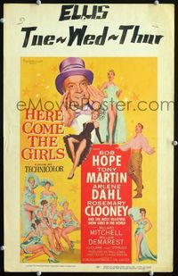 c139 HERE COME THE GIRLS window card movie poster '53 Bob Hope, Tony Martin & sexy girls!