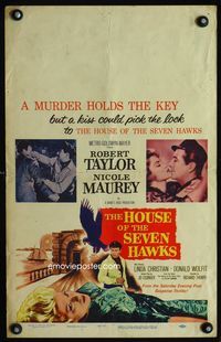c146 HOUSE OF THE SEVEN HAWKS window card movie poster '59 Robert Taylor, Nicole Maurey