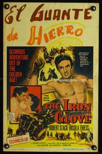 c155 IRON GLOVE window card movie poster '54 art of barechested Robert Stack, Ursula Thiess