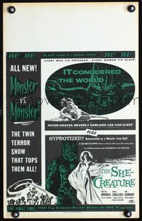 c156 IT CONQUERED THE WORLD/SHE-CREATURE Benton window card movie poster '56 AIP monster vs monster!