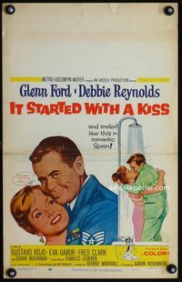 c158 IT STARTED WITH A KISS window card movie poster '59 Glenn Ford & Debbie Reynolds in shower!