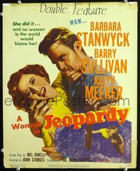 c160 JEOPARDY window card '53 Barbara Stanwyck struggles with kidnapper Ralph Meeker, film noir!