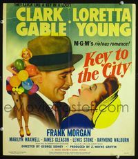 c168 KEY TO THE CITY window card poster '50 Clark Gable & Loretta Young click like a key in a lock!