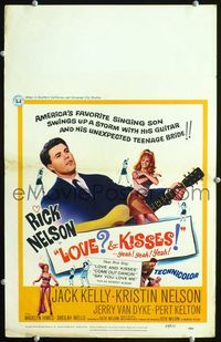 c177 LOVE & KISSES window card movie poster '65 Ricky Nelson playing guitar, rock & roll!