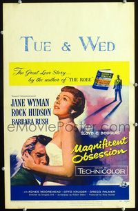 c182 MAGNIFICENT OBSESSION window card movie poster '54 Rock Hudson Jane Wyman, Douglas Sirk