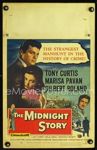 c189 MIDNIGHT STORY window card movie poster '57 Tony Curtis in strangest San Francisco manhunt!