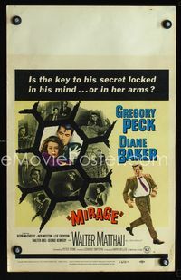 c191 MIRAGE window card movie poster '65 cool artwork of Gregory Peck & Diane Baker!