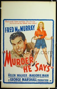 c197 MURDER HE SAYS window card '45 classic Fred MacMurray hillbilly killer-diller, great art!
