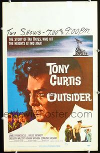 c211 OUTSIDER window card '62 great close up art of Tony Curtis as Ira Hayes of Iwo Jima fame!