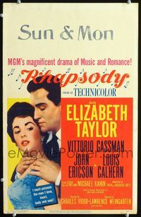 c231 RHAPSODY window card poster '54 great romantic image of Elizabeth Taylor & Vittorio Gassman!