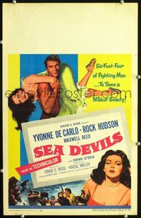 c244 SEA DEVILS window card poster '53 great image of Rock Hudson carrying sexy Yvonne De Carlo!