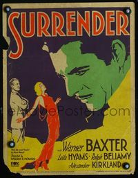 c267 SURRENDER window card movie poster '31 cool art of Warner Baxter confronting sexy Leila Hyams!