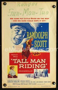 c269 TALL MAN RIDING window card movie poster '55 cowboy Randolph Scott & sexy Dorothy Malone!