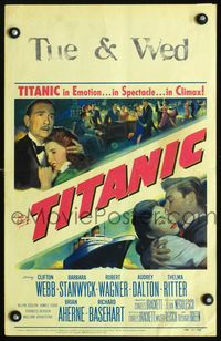 c281 TITANIC window card '53 great artwork of Clifton Webb & Barbara Stanwyck on legendary ship!