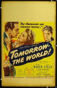 c282 TOMORROW THE WORLD window card poster '44 Fredric March & Betty Field try to redeem Nazi youth!