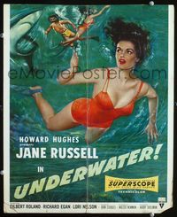 c287 UNDERWATER window card movie poster '55 sexiest artwork of scuba diver Jane Russell!