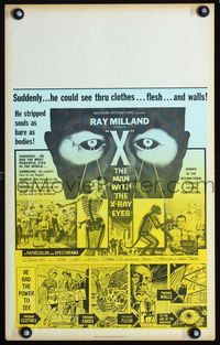 c304 X THE MAN WITH THE X-RAY EYES Benton window card poster '63 Ray Milland strips souls & bodies!