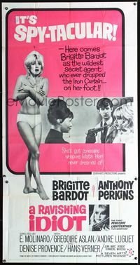 1a210 AGENT 38-24-36 int'l three-sheet '65 sexy half-dressed Brigitte Bardot, A Ravishing Idiot!