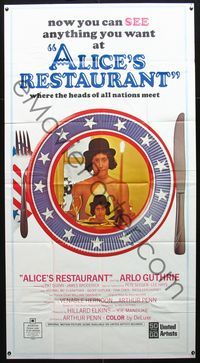 1a211 ALICE'S RESTAURANT three-sheet movie poster '69 Arlo Guthrie, Arthur Penn