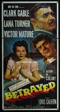 1a224 BETRAYED three-sheet movie poster '54 Clark Gable, Victor Mature, sexy Lana Turner!