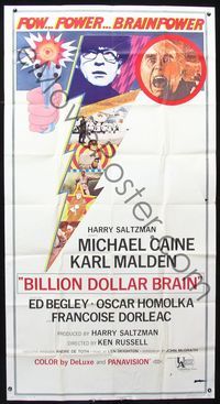 1a227 BILLION DOLLAR BRAIN three-sheet movie poster '67 Michael Caine, Karl Malden, Ken Russell