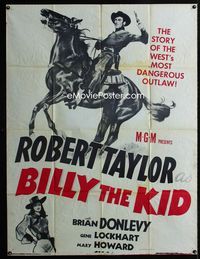 1a229 BILLY THE KID incomplete three-sheet R55 great artwork of outlaw Robert Taylor on horseback!