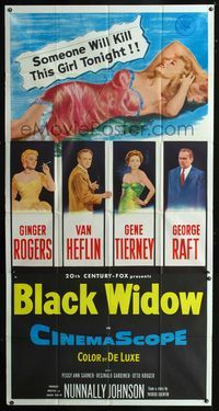 1a232 BLACK WIDOW three-sheet '54 Ginger Rogers, Gene Tierney, Van Heflin, George Raft, sexy art!