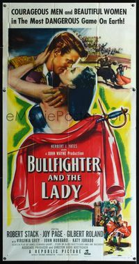 1a234 BULLFIGHTER & THE LADY 3sh '51 Budd Boetticher, art of matador Robert Stack kissing Joy Page!