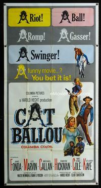 1a237 CAT BALLOU three-sheet movie poster '65 classic sexy cowgirl Jane Fonda, Lee Marvin