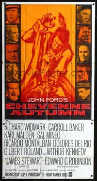 1a238 CHEYENNE AUTUMN three-sheet '64 John Ford, great artwork of soldier fighting Native American!