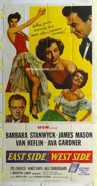 1a253 EAST SIDE WEST SIDE three-sheet poster '50 Barbara Stanwyck, James Mason, sexy Ava Gardner!