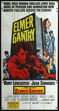 1a256 ELMER GANTRY three-sheet poster '60 Burt Lancaster, Jean Simmons, from Sinclair Lewis novel!