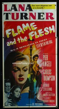 1a263 FLAME & THE FLESH three-sheet movie poster '54 artwork of sexy brunette bad girl Lana Turner!