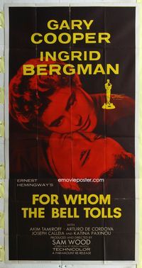 1a264 FOR WHOM THE BELL TOLLS 3sheet R57 great romantic close up of Gary Cooper & Ingrid Bergman!